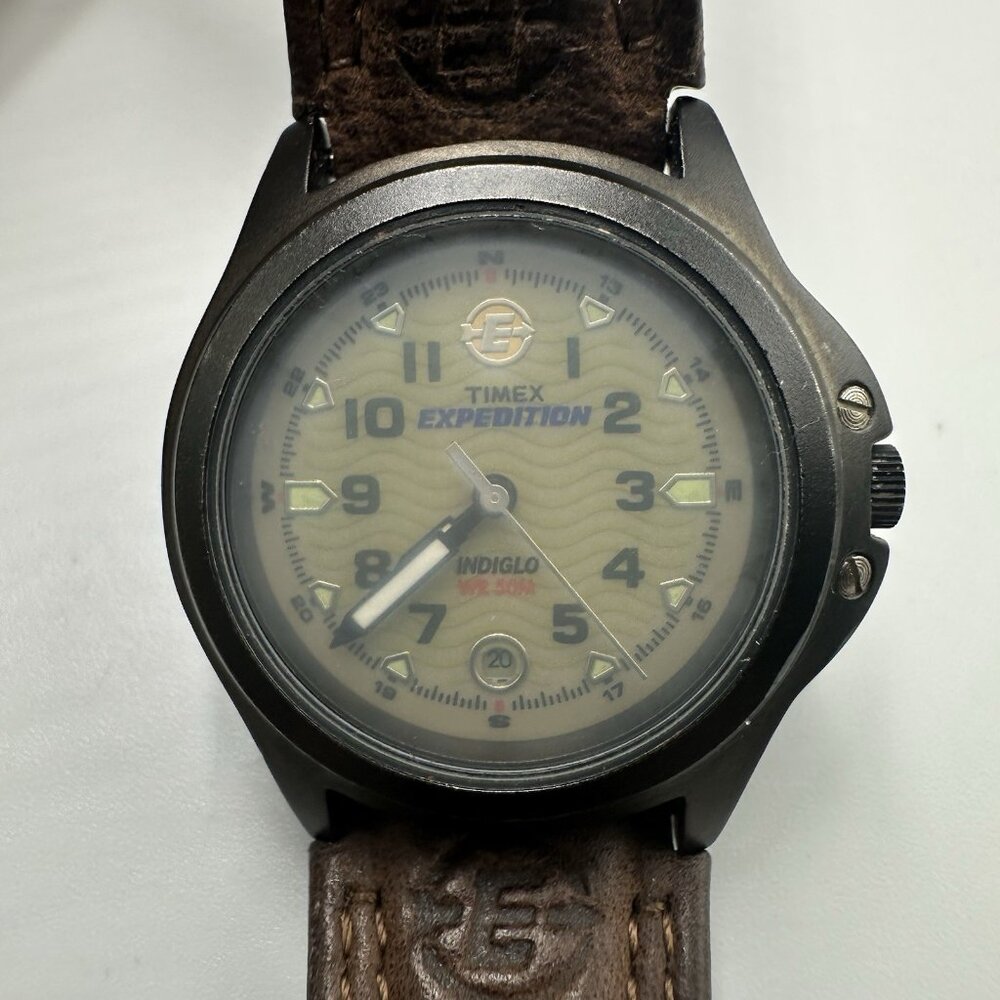 Timex Expedition Watch Men Indiglo Dial Date Window Brown Leather Band Works